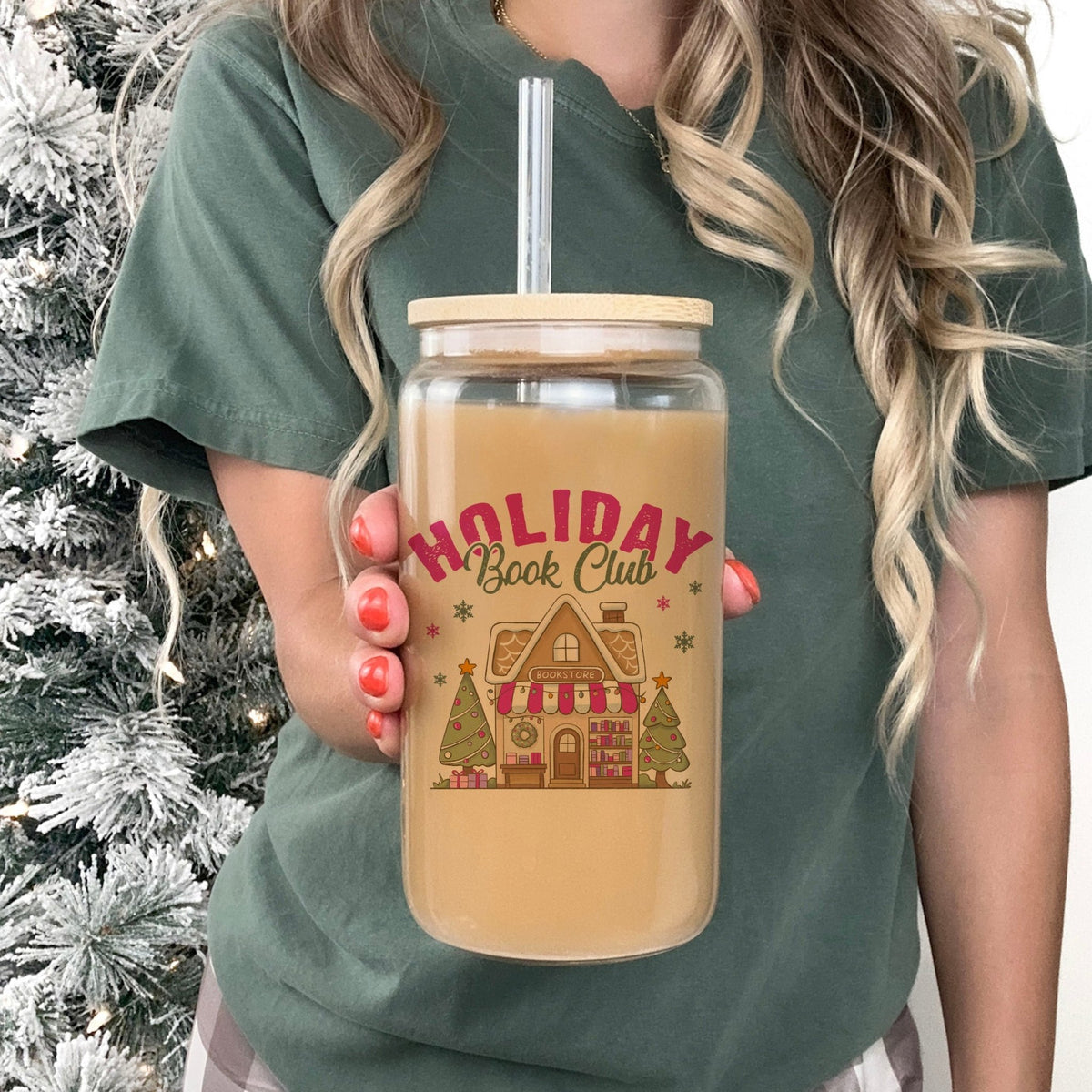 Holiday Book Club Bookstore Clear Glass Cup with Bamboo Lid & Straw - Starry Skies Austin