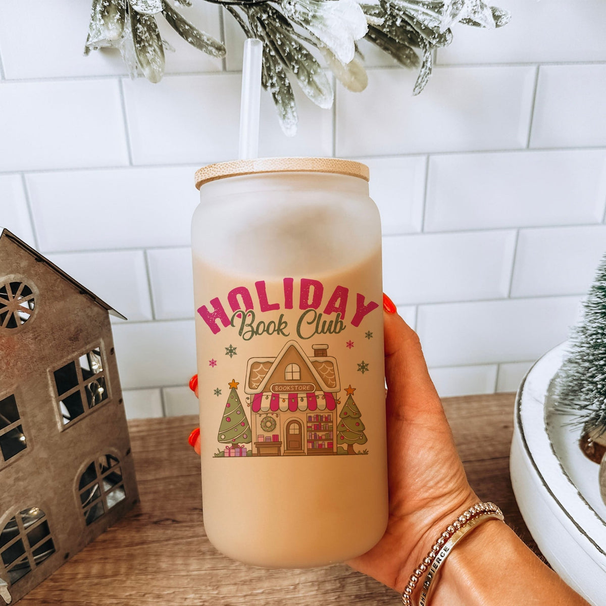 Holiday Book Club Bookstore Frosted Glass Cup with Bamboo Lid & Straw - Starry Skies Austin