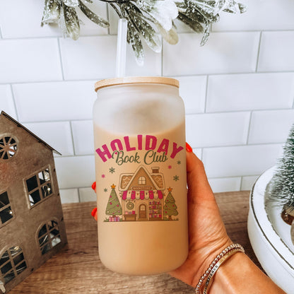 Holiday Book Club Bookstore Frosted Glass Cup with Bamboo Lid & Straw - Starry Skies Austin