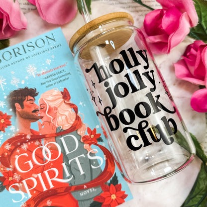 Holly Jolly Book Club Clear Glass Cup with Bamboo Lid & Straw - Starry Skies Austin