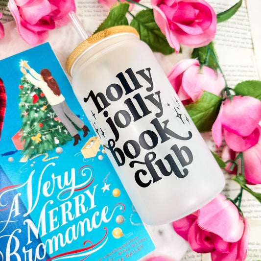 Holly Jolly Book Club Frosted Glass Cup with Bamboo Lid & Straw - Starry Skies Austin