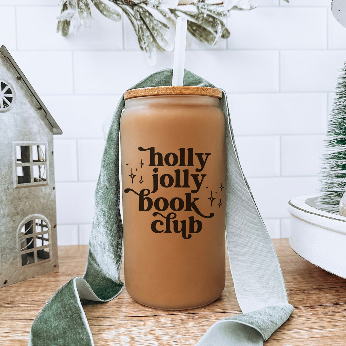 Holly Jolly Book Club Frosted Glass Cup with Bamboo Lid & Straw - Starry Skies Austin