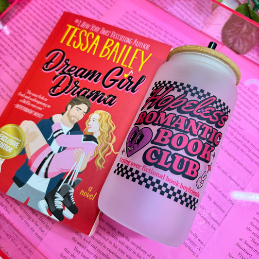 Hopeless Romantic Book Club Frosted Glass Cup with Bamboo Lid & Straw - Starry Skies Austin