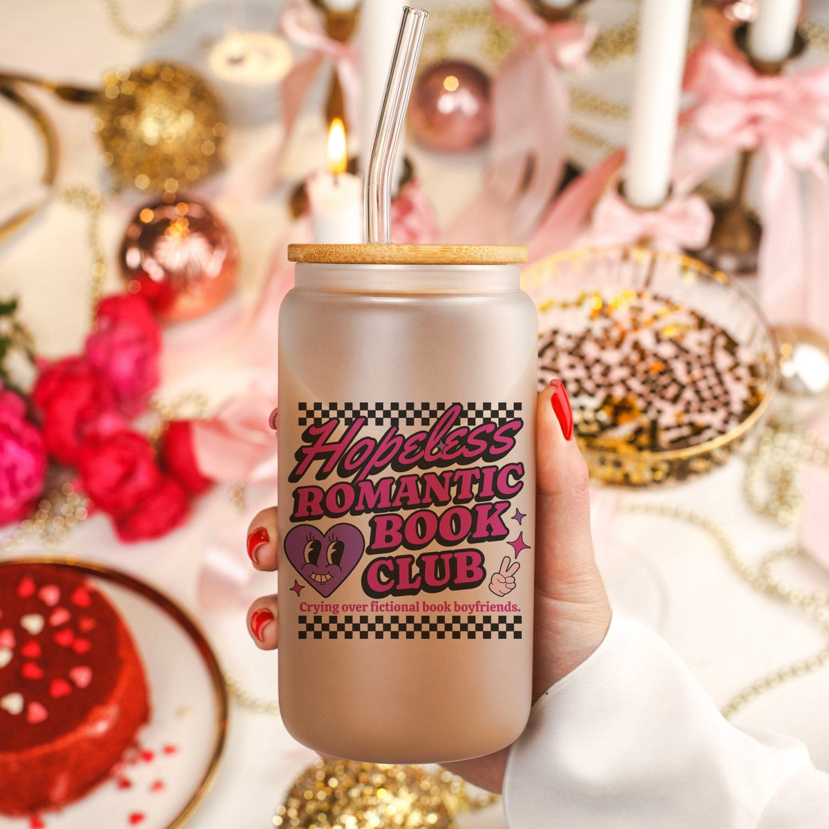 Hopeless Romantic Book Club Frosted Glass Cup with Bamboo Lid & Straw - Starry Skies Austin
