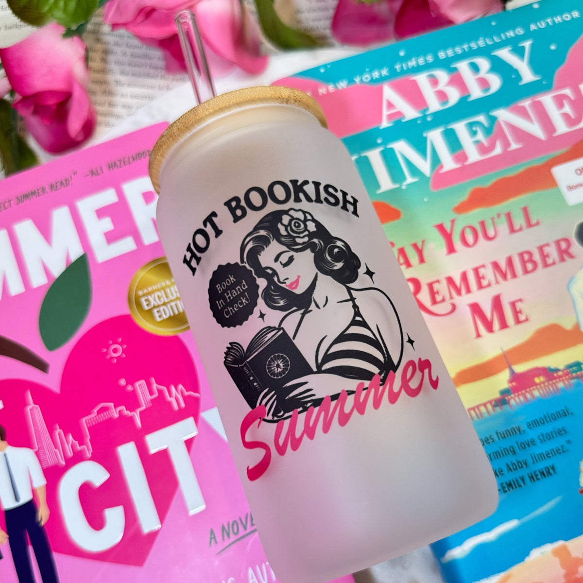 Hot Bookish Summer Frosted Glass Cup with Bamboo Lid & Straw - Starry Skies Austin