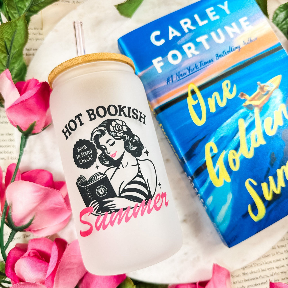 Hot Bookish Summer Frosted Glass Cup with Bamboo Lid & Straw - Starry Skies Austin