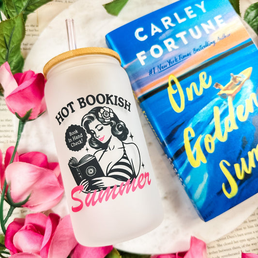 Hot Bookish Summer Frosted Glass Cup with Bamboo Lid & Straw - Starry Skies Austin