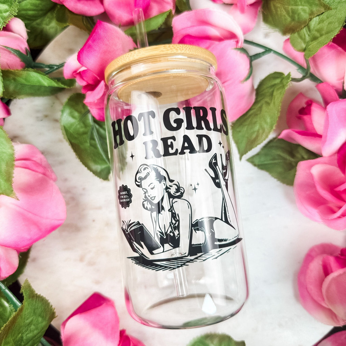 Hot Girls Read Clear Glass Cup with Bamboo Lid & Straw - Starry Skies Austin