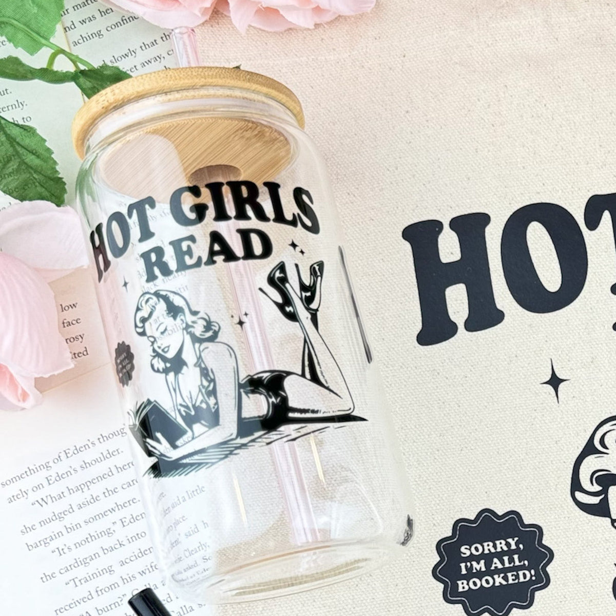 Hot Girls Read Clear Glass Cup with Bamboo Lid & Straw - Starry Skies Austin