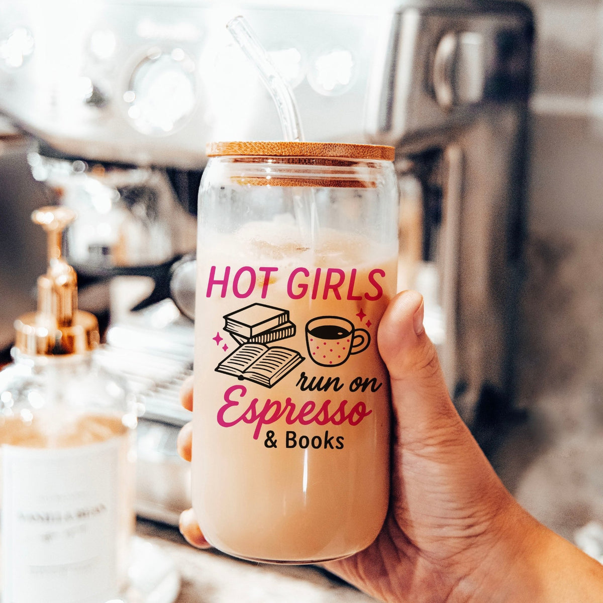 Hot Girls Run On Espresso And Books Clear Glass Cup with Bamboo Lid & Straw - Starry Skies Austin