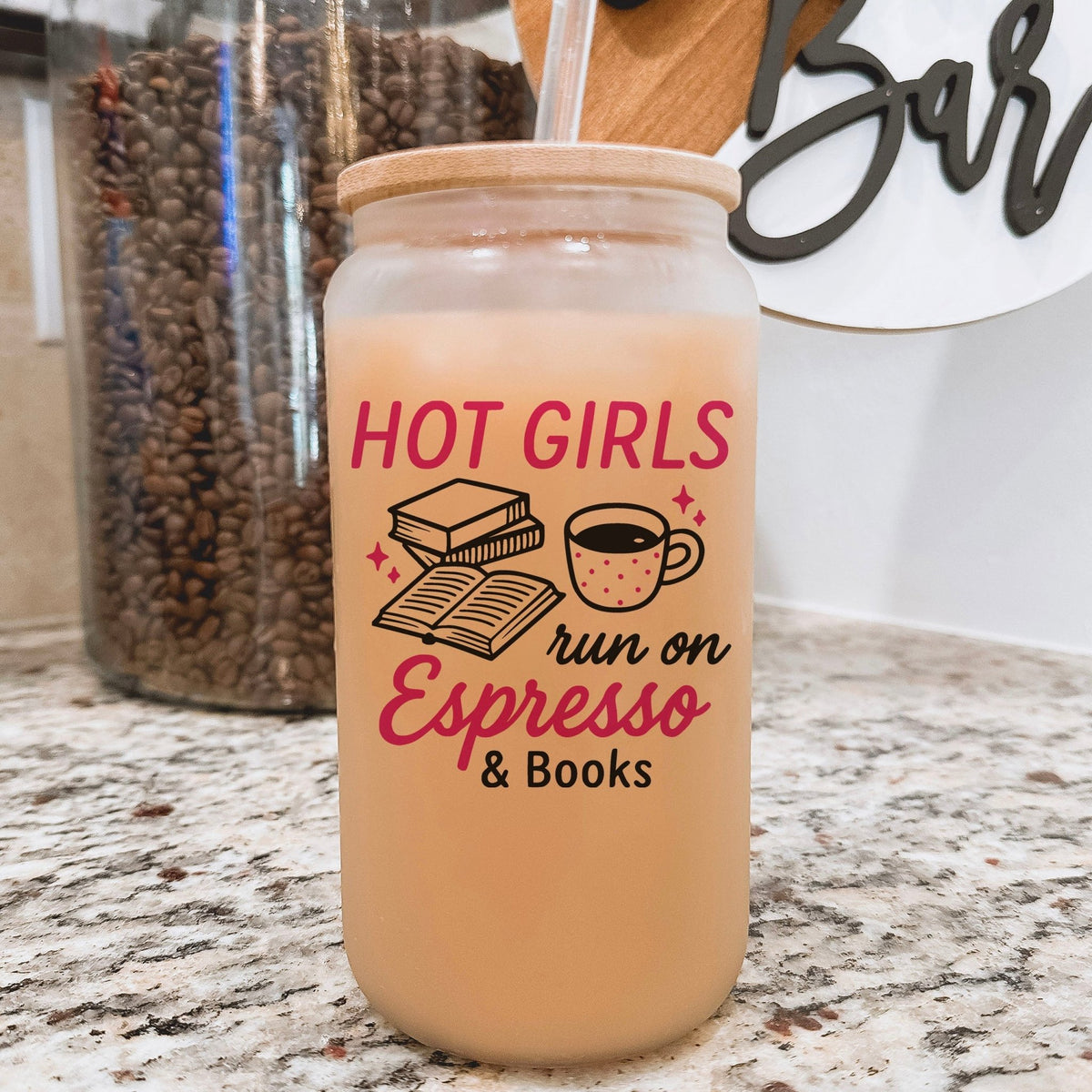 Hot Girls Run On Espresso And Books Frosted Glass Cup with Bamboo Lid & Straw - Starry Skies Austin