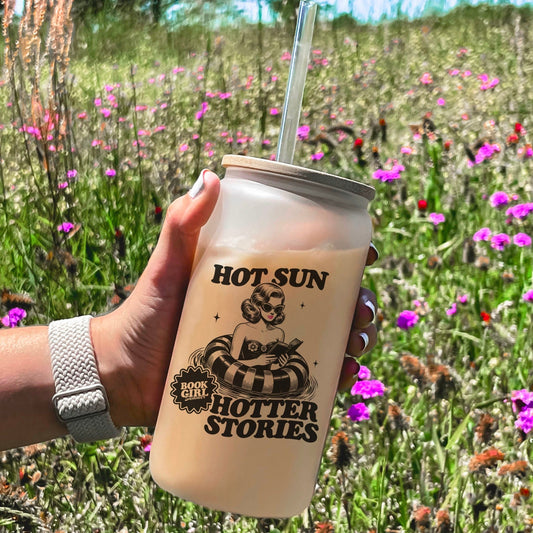 Hot Sun Hotter Stories Frosted Glass Cup with Bamboo Lid & Straw - Starry Skies Austin