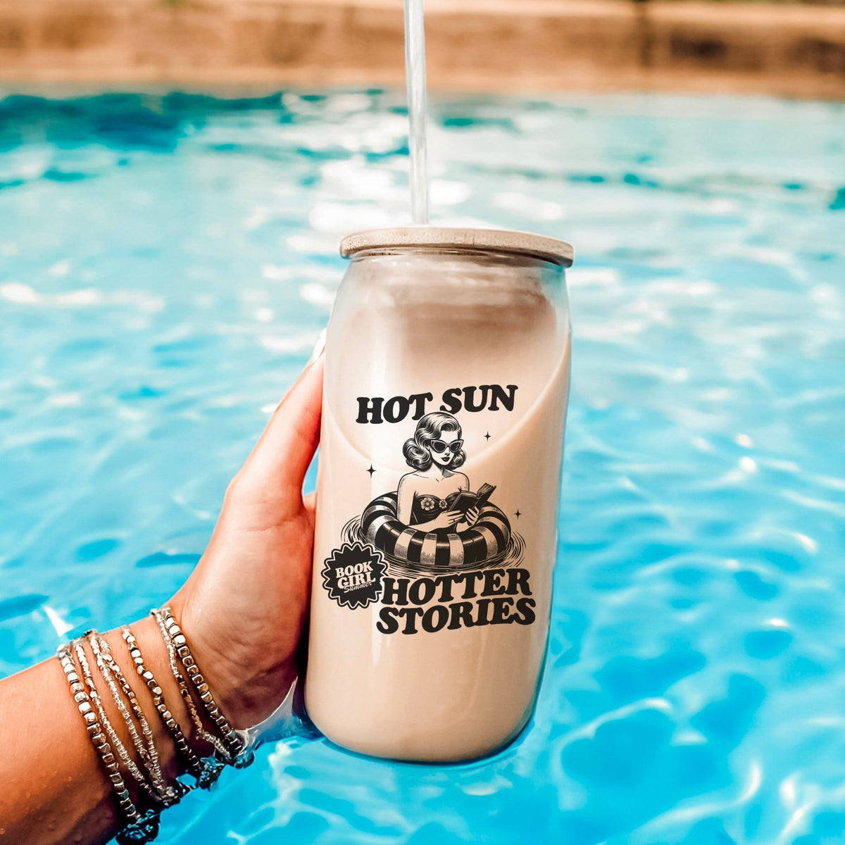 Hot Sun, Hotter Stories Retro Bookish Clear Glass Cup with Bamboo Lid & Straw - Starry Skies Austin