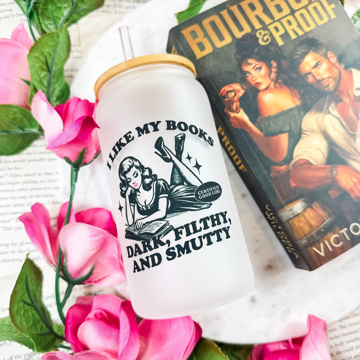 I Like My Books Dark, Filthy and Smutty Frosted Glass Cup with Bamboo Lid & Straw - Starry Skies Austin