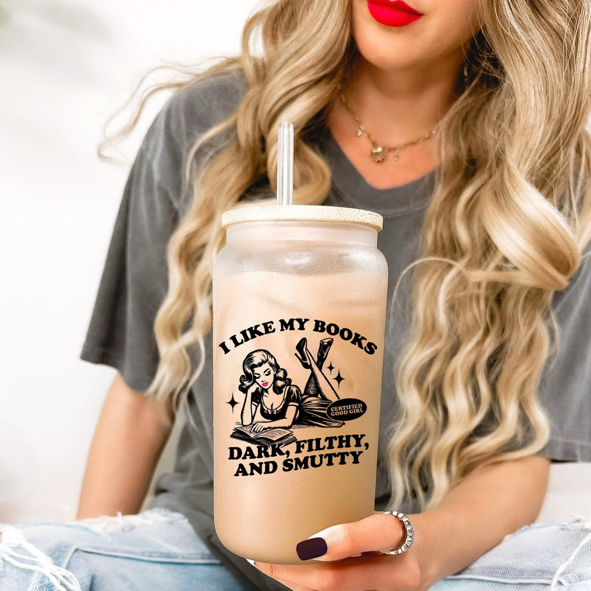 I Like My Books Dark, Filthy and Smutty Frosted Glass Cup with Bamboo Lid & Straw - Starry Skies Austin