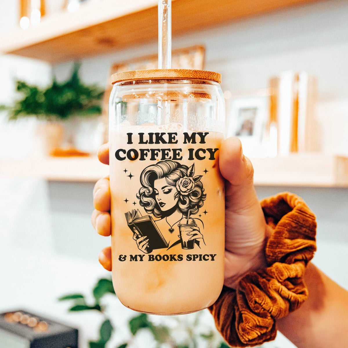I Like My Coffee Icy & My Books Spicy Clear Glass Cup with Bamboo Lid & Straw - Starry Skies Austin
