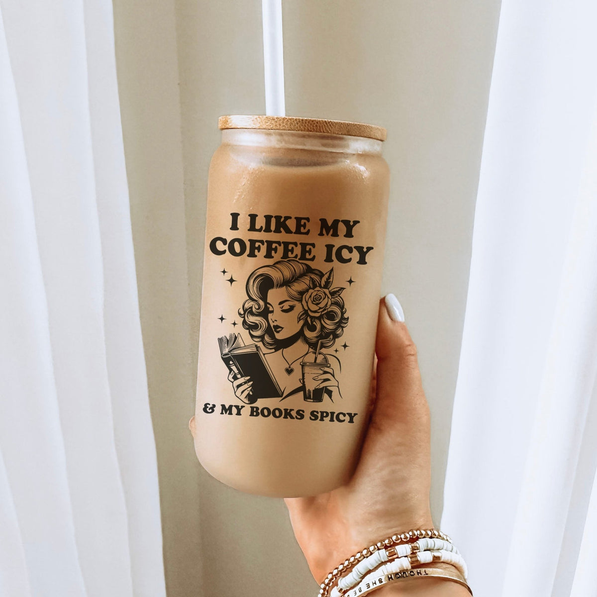 I Like My Coffee Icy & My Books Spicy Frosted Glass Cup with Bamboo Lid & Straw - Starry Skies Austin