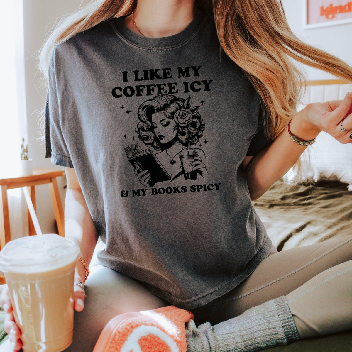 I Like My Coffee Icy & My Books Spicy Heavyweight Comfort Colors Boxy Cropped Shirt - Starry Skies Austin