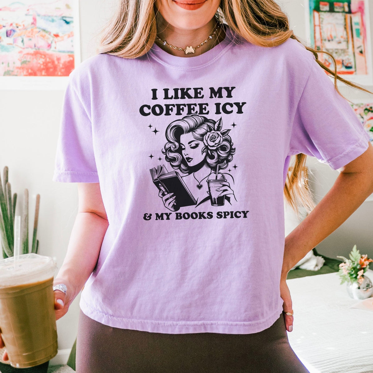 I Like My Coffee Icy & My Books Spicy Heavyweight Comfort Colors Boxy Cropped Shirt - Starry Skies Austin