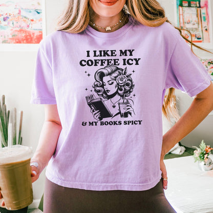I Like My Coffee Icy & My Books Spicy Heavyweight Comfort Colors Boxy Cropped Shirt - Starry Skies Austin
