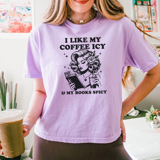 I Like My Coffee Icy & My Books Spicy Heavyweight Comfort Colors Boxy Cropped Shirt - Starry Skies Austin