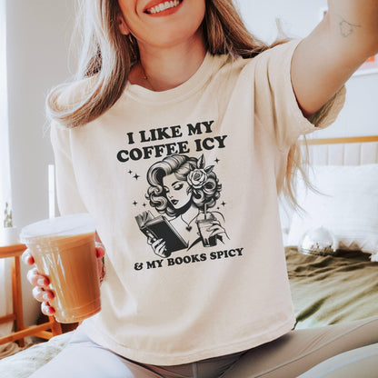 I Like My Coffee Icy & My Books Spicy Heavyweight Comfort Colors Boxy Cropped Shirt - Starry Skies Austin