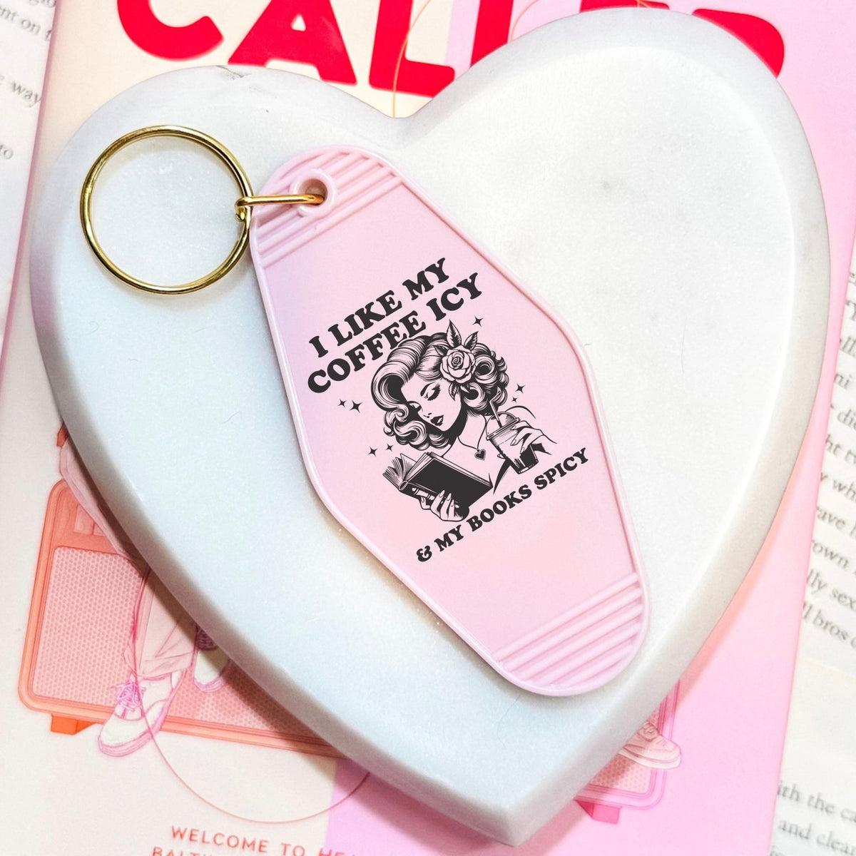 I Like My Coffee Icy & My Books Spicy Retro Motel Keychain - Starry Skies Austin