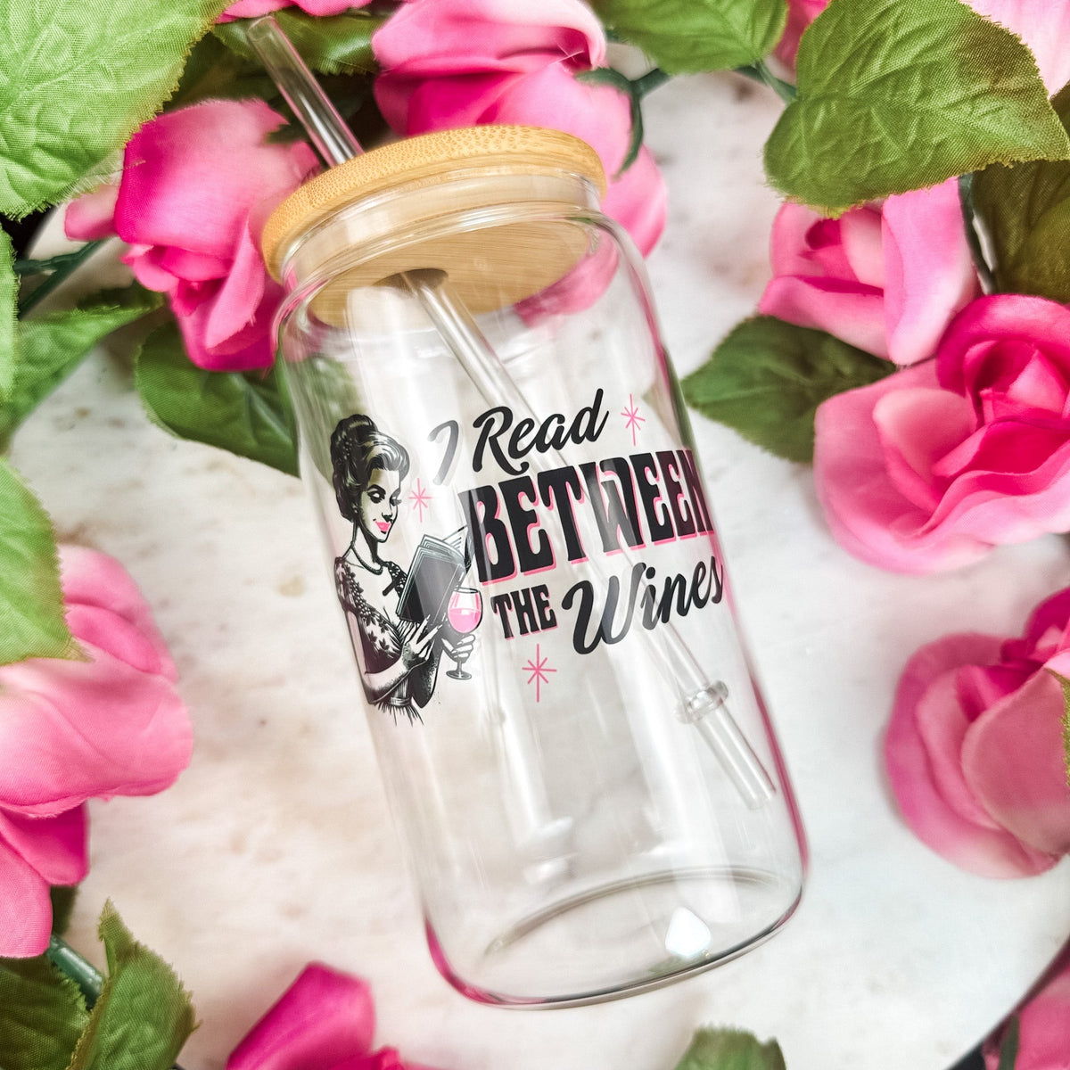 I Read Between The Wines Clear Glass Cup with Bamboo Lid & Straw - Starry Skies Austin