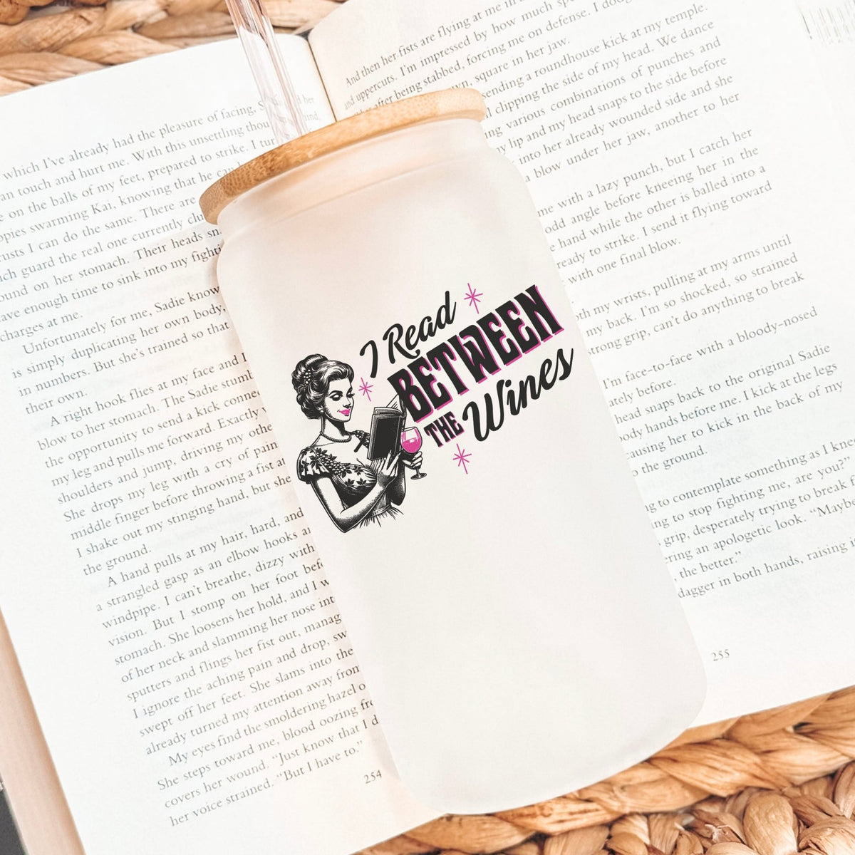 I Read Between The Wines Frosted Glass Cup with Bamboo Lid & Straw - Starry Skies Austin