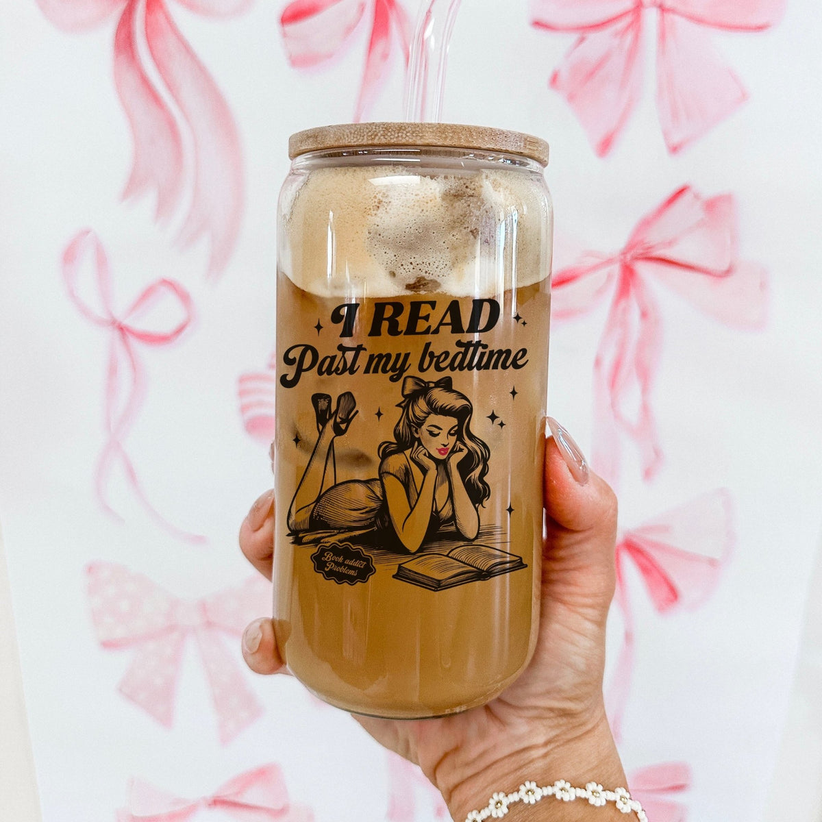 I Read Past My Bedtime Clear Glass Cup with Bamboo Lid & Plastic Straw - Starry Skies Austin