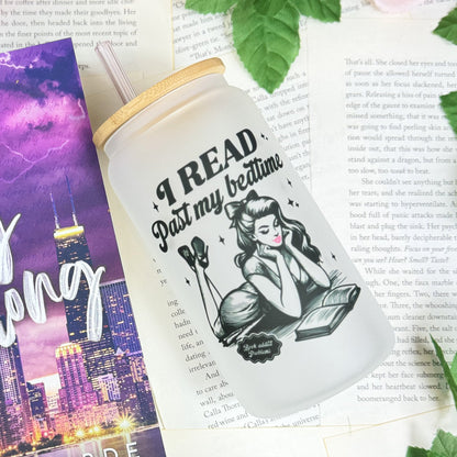 I Read Past My Bedtime Frosted Glass Cup with Bamboo Lid & Straw - Starry Skies Austin