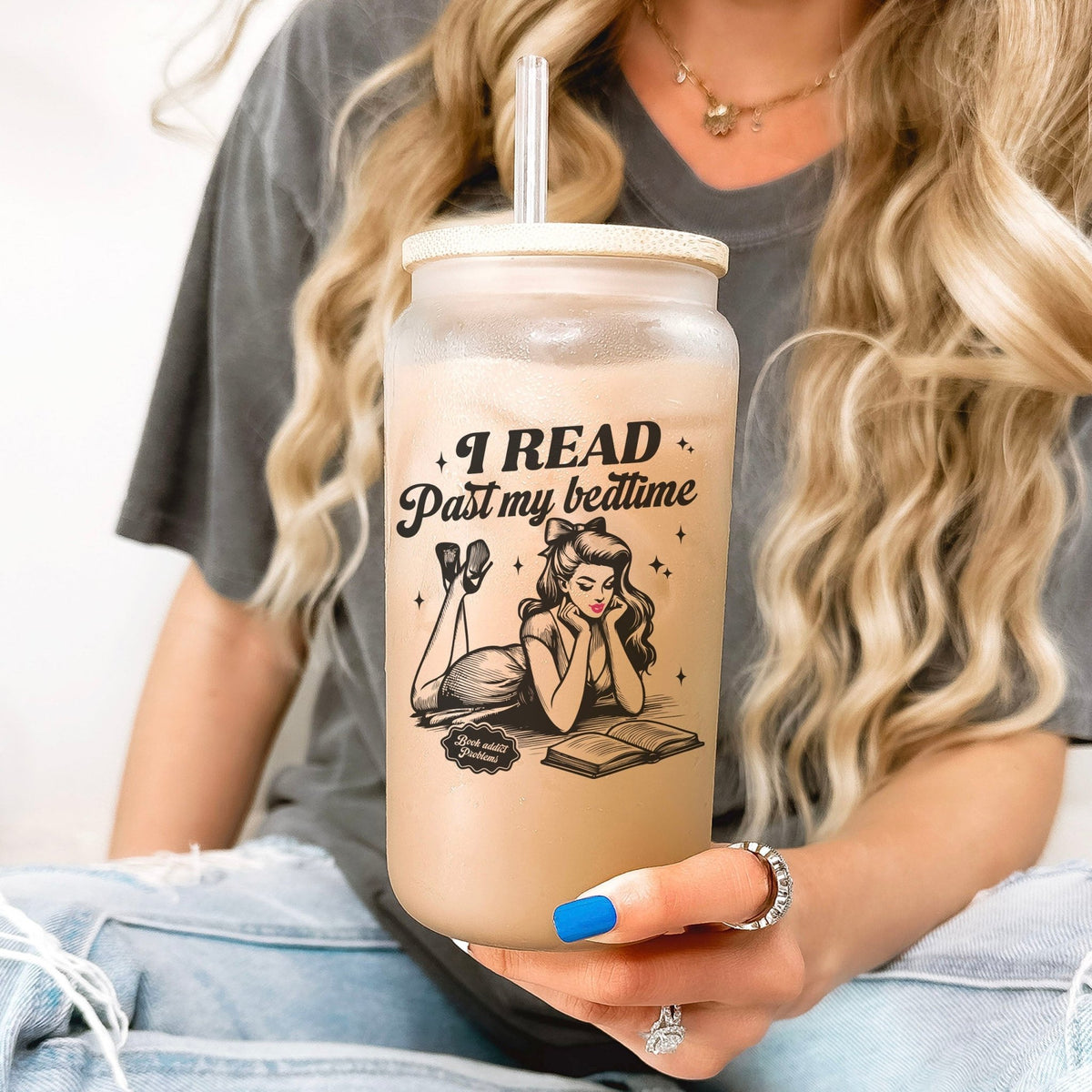 I Read Past My Bedtime Frosted Glass Cup with Bamboo Lid & Straw - Starry Skies Austin