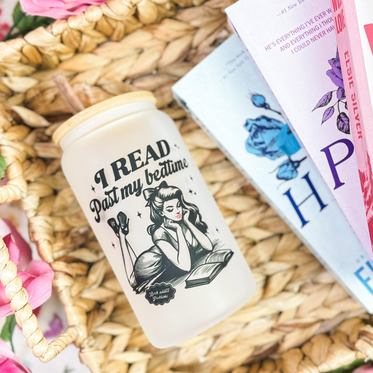 I Read Past My Bedtime Frosted Glass Cup with Bamboo Lid & Straw - Starry Skies Austin