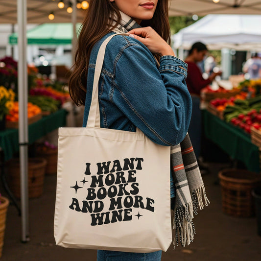 I Want More Books And More Wine Canvas Tote Bag - Starry Skies Austin