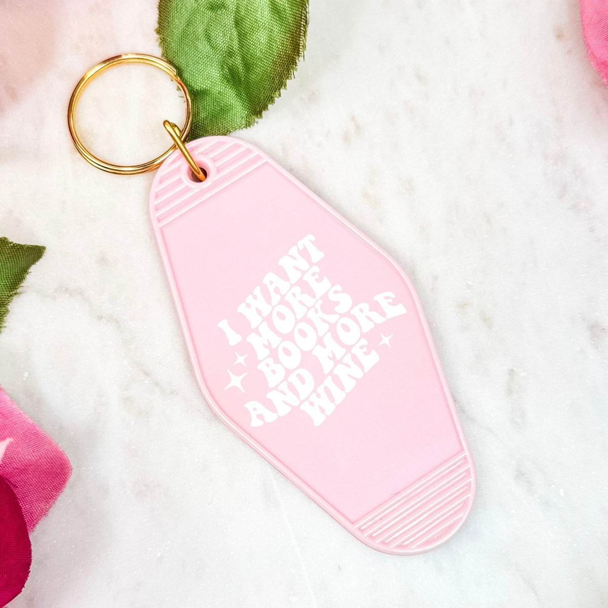 I Want More Books And More Wine Retro Motel Keychain - Starry Skies Austin