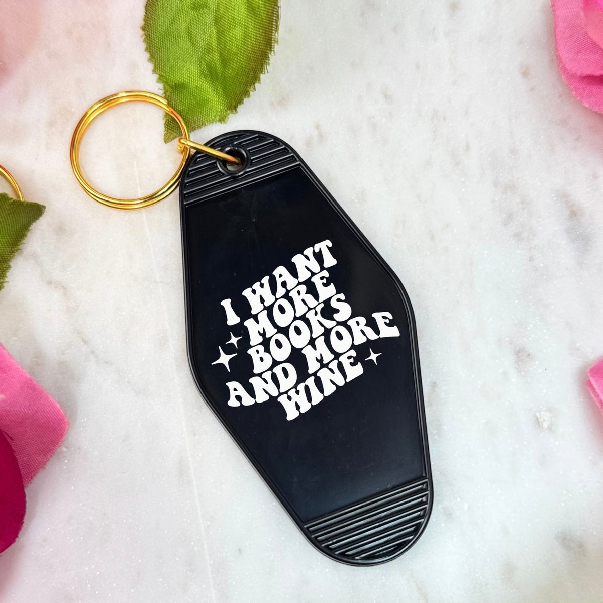 I Want More Books And More Wine Retro Motel Keychain - Starry Skies Austin
