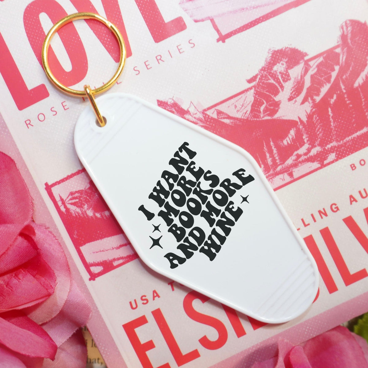 I Want More Books And More Wine Retro Motel Keychain - Starry Skies Austin