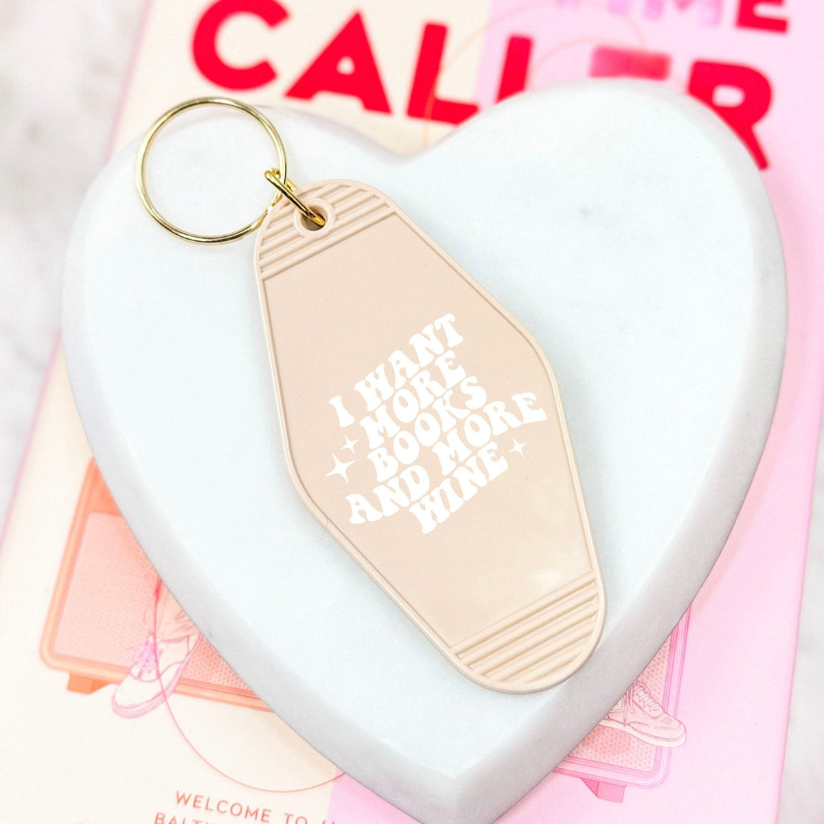 I Want More Books And More Wine Retro Motel Keychain - Starry Skies Austin
