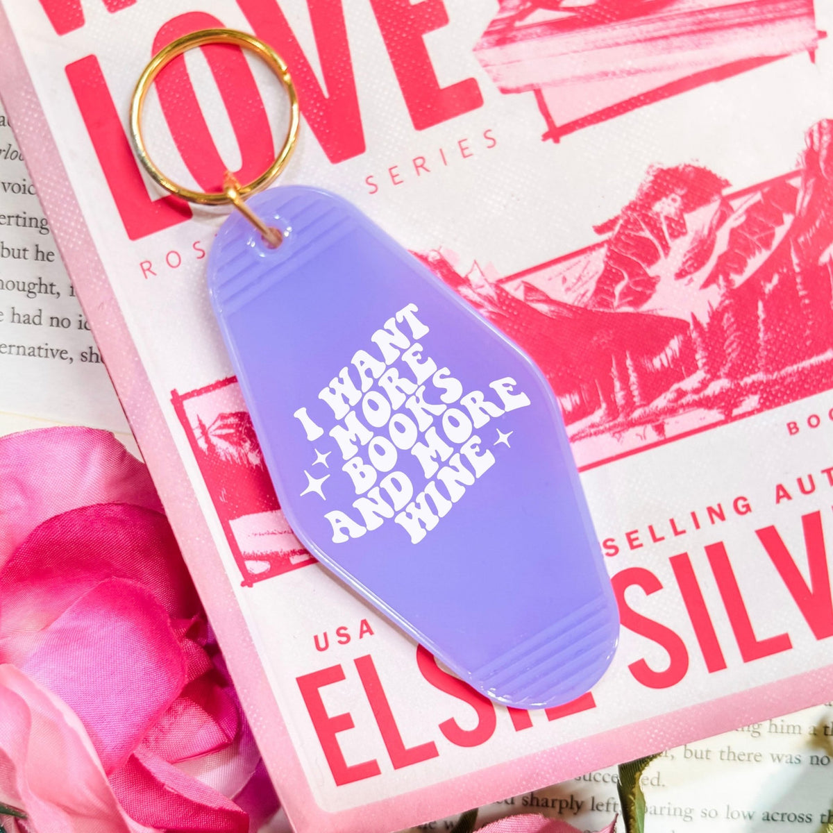 I Want More Books And More Wine Retro Motel Keychain - Starry Skies Austin