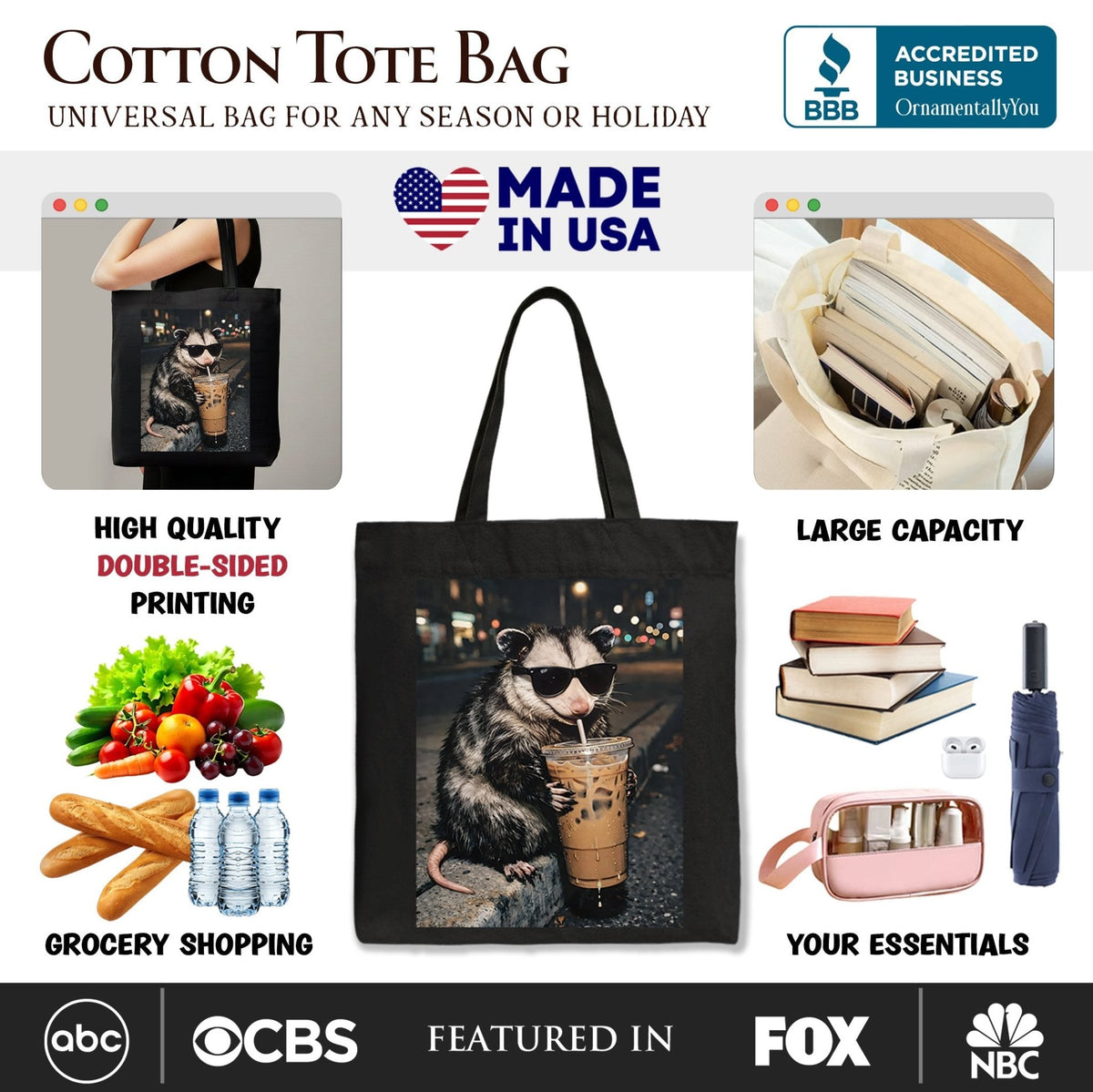 Iced Coffee Opossum Tote Bag, Funny Animal Meme Gift Shopper - Starry Skies Austin