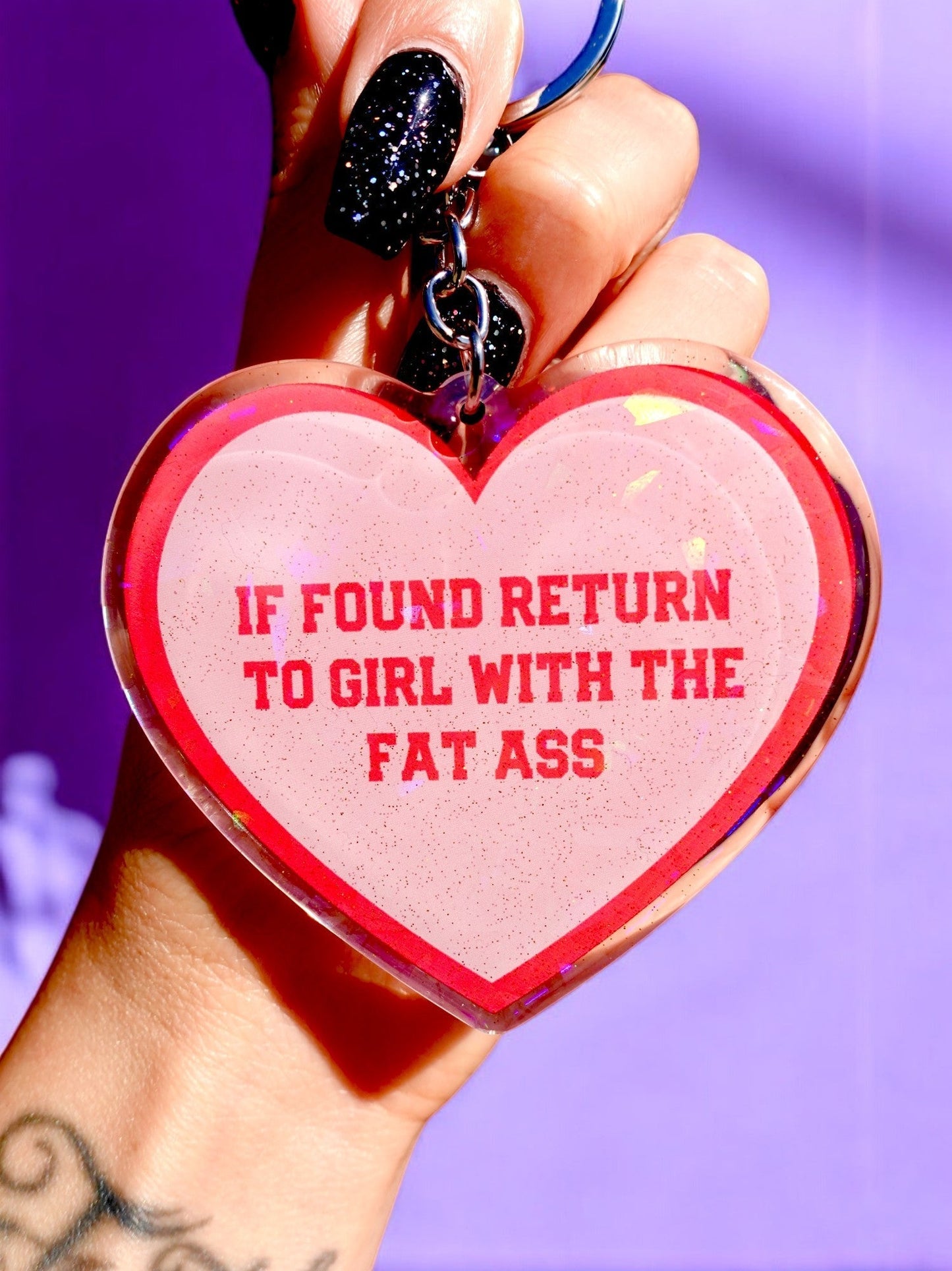 If Found Return To Girl With The Fat Ass Holographic Heart Keychain - Starry Skies Austin