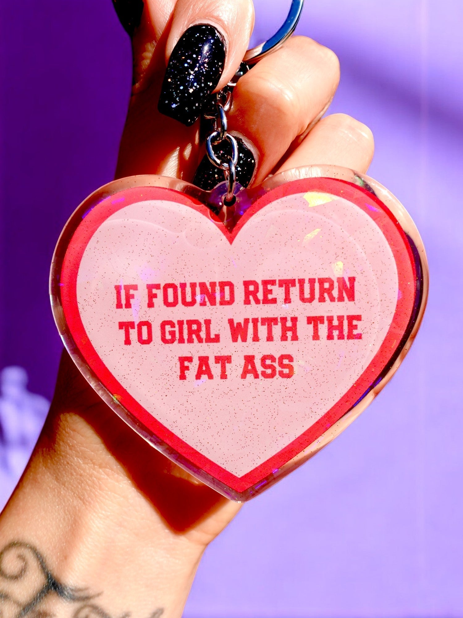 If Found Return To Girl With The Fat Ass Holographic Heart Keychain - Starry Skies Austin