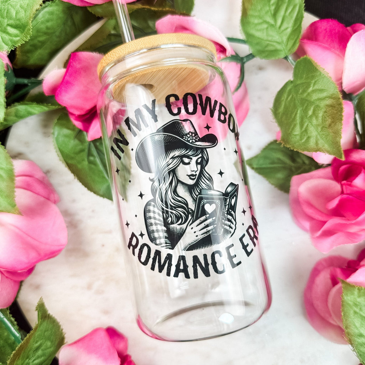 In My Cowboy Romance Era Clear Glass Cup with Bamboo Lid & Straw - Starry Skies Austin