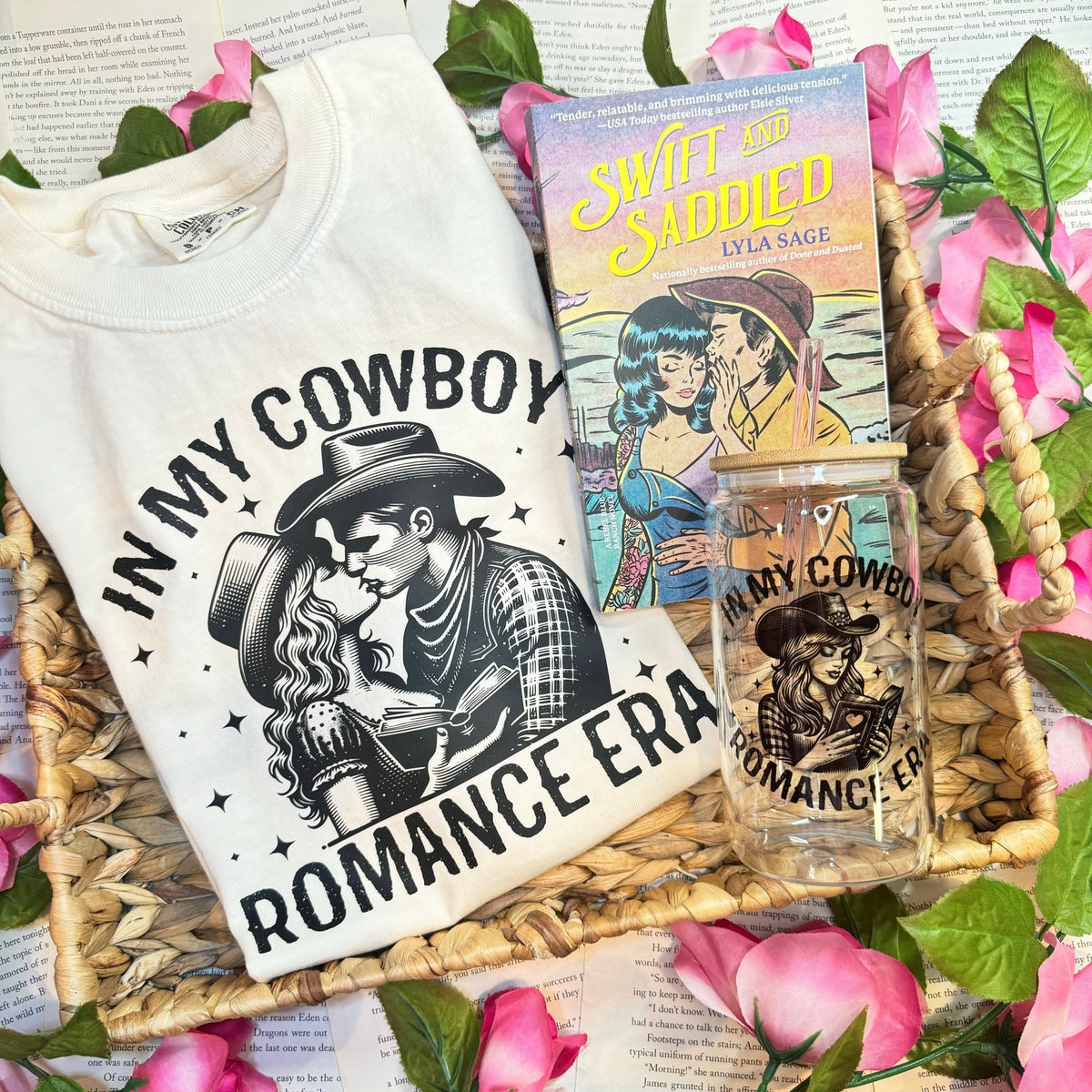 In My Cowboy Romance Era Clear Glass Cup with Bamboo Lid & Straw - Starry Skies Austin