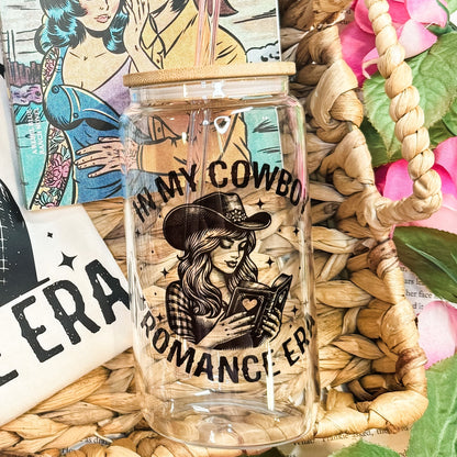 In My Cowboy Romance Era Clear Glass Cup with Bamboo Lid & Straw - Starry Skies Austin