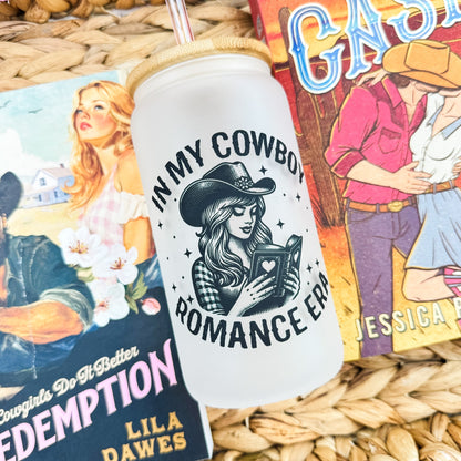 In My Cowboy Romance Era Frosted Glass Cup with Bamboo Lid and Straw - Starry Skies Austin