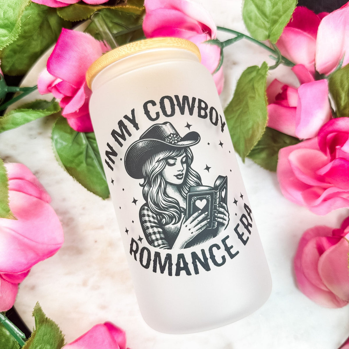 In My Cowboy Romance Era Frosted Glass Cup with Bamboo Lid and Straw - Starry Skies Austin
