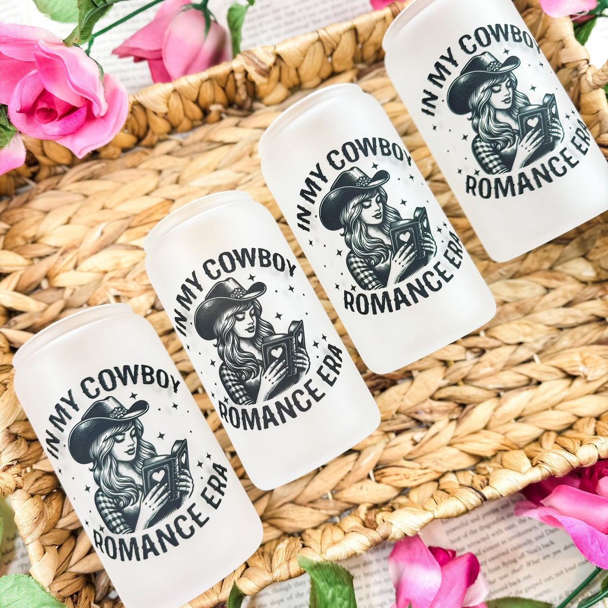 In My Cowboy Romance Era Frosted Glass Cup with Bamboo Lid and Straw - Starry Skies Austin