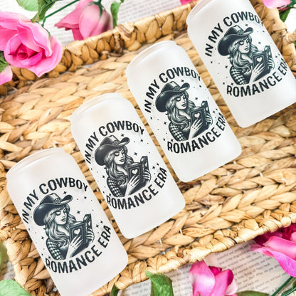 In My Cowboy Romance Era Frosted Glass Cup with Bamboo Lid and Straw - Starry Skies Austin