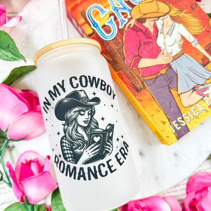 In My Cowboy Romance Era Frosted Glass Cup with Bamboo Lid and Straw - Starry Skies Austin